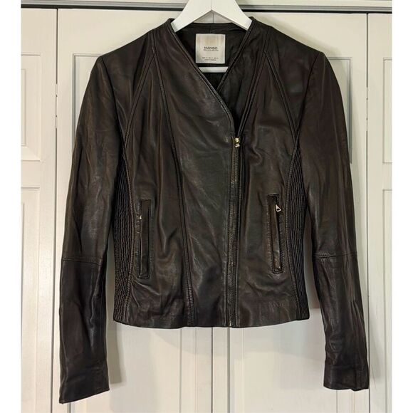 MANGO 100% genuine leather black zipper moto jacket size M - Picture 2 of 10